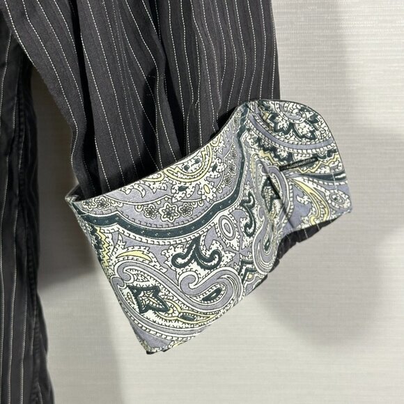 Ike Behar Shirt Mens 16.5 Black Stripe Cotton Long Sleeve Button Up Contrast Cuf - Picture 3 of 8